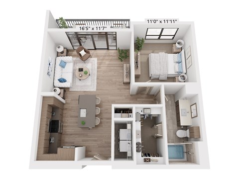 Floor plan for 1 bed, 1 bath, 742 sqft